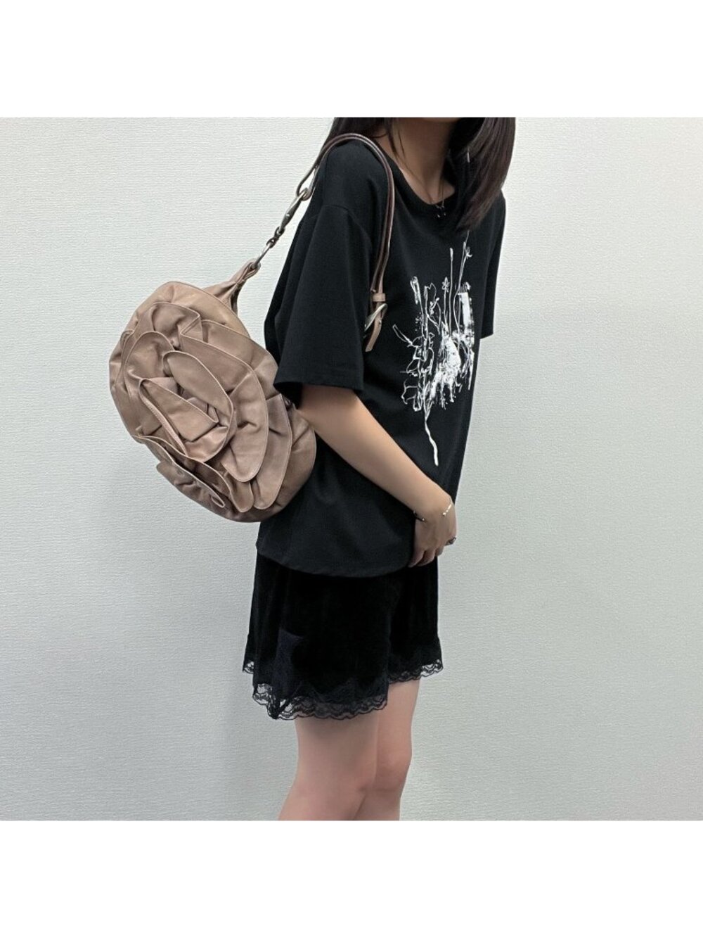 Saint Laurent Nadja Flower Leather Rosette Hobo Shoulder Bag Beige Silver
